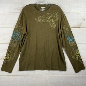 INC International Concepts Men M Top Green Embroidered Eagle Skulls Long Sleeve